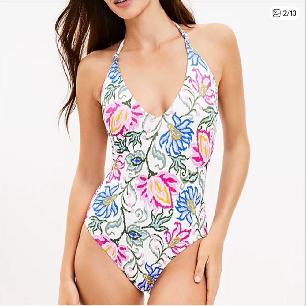New Loft Beach Floral Plunge One Piece halter Swimsuit  in white  size XL